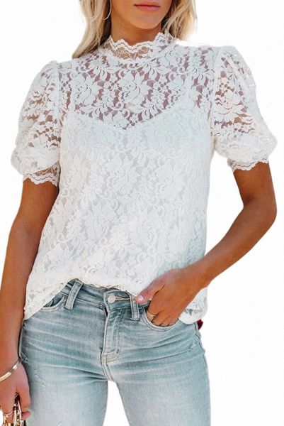 white high neck lace short sleeve 2023 new 30jv#
