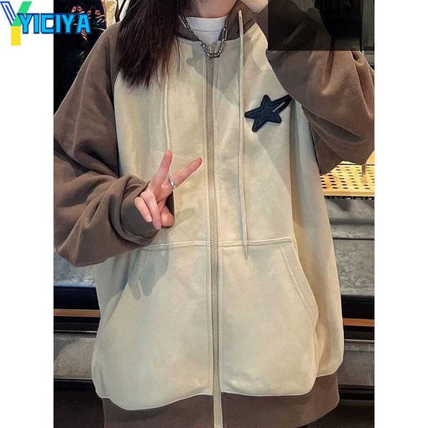 yiciya women's hoodies deeptown kpop star khaki patchwork women fashion zip sweatshirt streetwear casual oversize coat, Black 
yiciya women's hoodies deeptown kpop star khaki patchwork women fashion zip sweatshirt streetwear casual oversize coat, Black