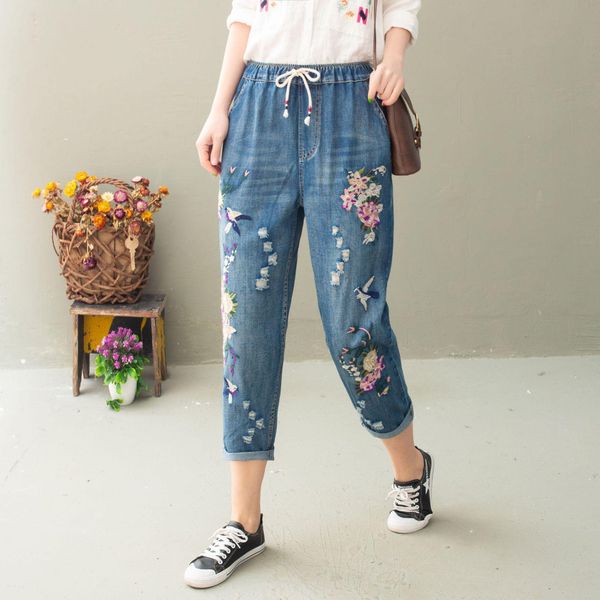 jeans qpfjqd lady harem pants elastic waist spring autumn floral embroidery denim trousers chinese style women casual loose jeans, Blue
jeans qpfjqd lady harem pants elastic waist spring autumn floral embroidery denim trousers chinese style women casual loose jeans, Blue