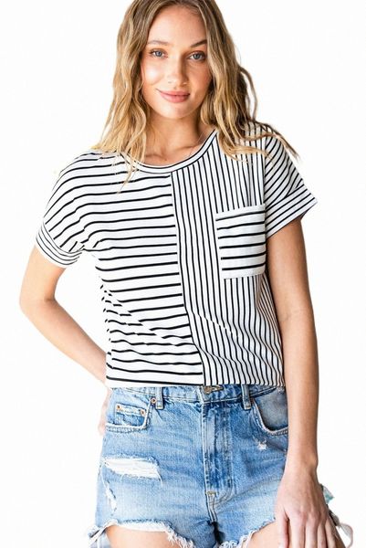 mix striped print chest pocket t shirt 2023 new c0gs#, White