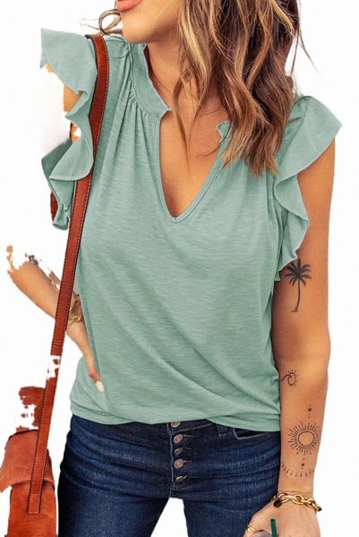 green casual solid v neck butterfly sleeve blouse z8do#, White