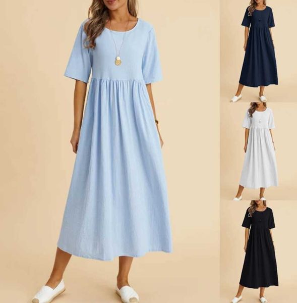 women's cotton dress large loose round neck 5/4 sleeve medium length dress, White
women's cotton dress large loose round neck 5/4 sleeve medium length dress, White
