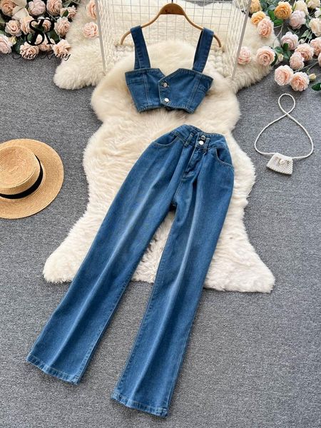 pants singreiny summer fashion denim two pieces suits tank elastic wide legs long pants women high street weet casual sets, White
pants singreiny summer fashion denim two pieces suits tank elastic wide legs long pants women high street weet casual sets, White