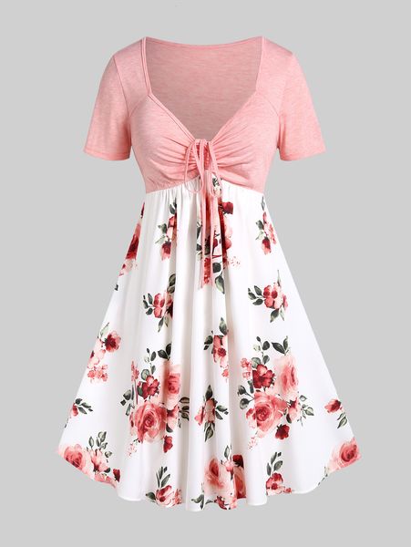 

plus size dresses rosegal size flower printed cinched dress women summer casual high waist short sleeves a line vestidos in 5xl 230518, Black
