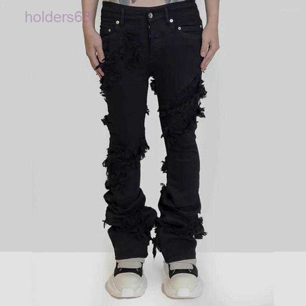 men's jeans fashion flared ripped distressed streetwear black denim pants long ribbons trend man, Blue
men's jeans fashion flared ripped distressed streetwear black denim pants long ribbons trend man, Blue