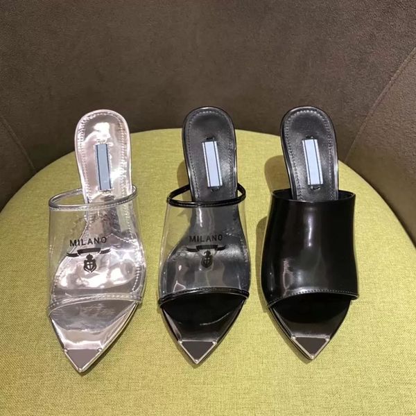 2023 designer sandals women slippers logo print plexiglas high heels fashion enameled metal triangle pumps pointed transparent leather sanda, Black
2023 designer sandals women slippers logo print plexiglas high heels fashion enameled metal triangle pumps pointed transparent leather sanda, Black