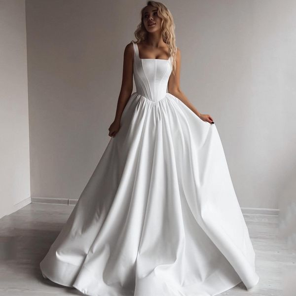elegant a-line wedding dresses satin sleeveless bridal dress boho beach square collar wedding gowns, White
elegant a-line wedding dresses satin sleeveless bridal dress boho beach square collar wedding gowns, White