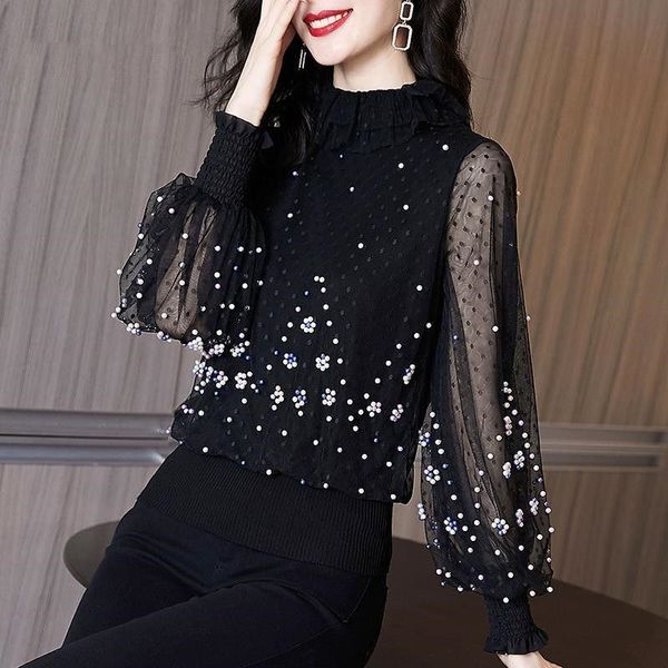 t-shirt spring autumn chiffon shirt loose women nail bead mesh bottom blouse female long sleeve solid high neck 5xl, White
t-shirt spring autumn chiffon shirt loose women nail bead mesh bottom blouse female long sleeve solid high neck 5xl, White