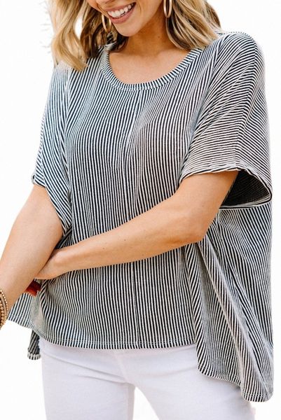 gray ribbed knit round neck relaxed tee 2023 new 09hv#, White