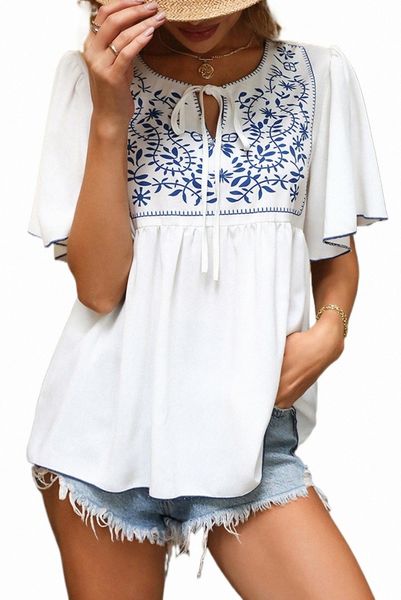 white casual tie front floral print flounce sleeve 38wv#