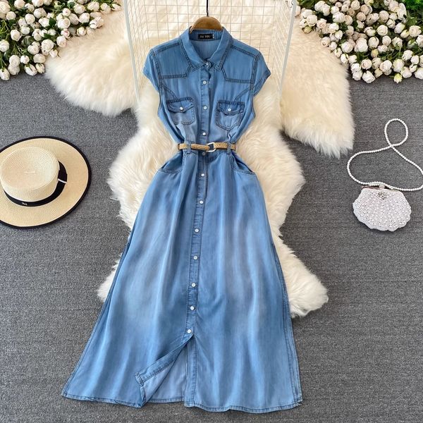 light mature style sleeveless denim dress new summer french retro waistband slim a-line shirt long skirt, Black;gray
light mature style sleeveless denim dress new summer french retro waistband slim a-line shirt long skirt, Black;gray
