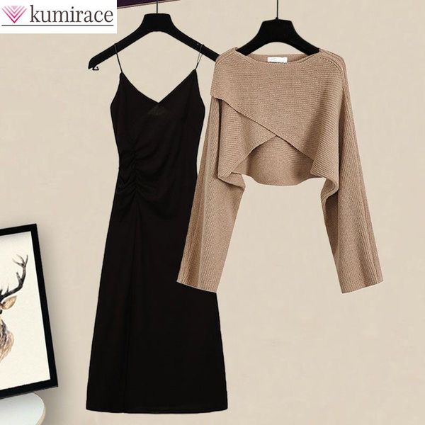 dress korean popular autumn new cross knitted sweater black sling mini dress two piece elegant women's skirt set female outfit, White
dress korean popular autumn new cross knitted sweater black sling mini dress two piece elegant women's skirt set female outfit, White