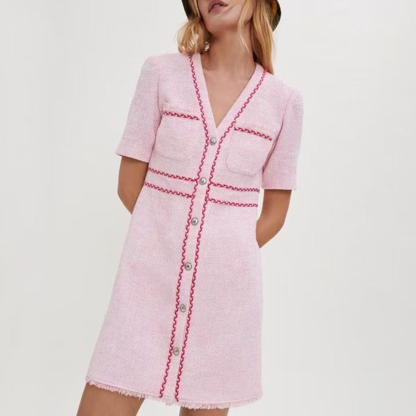 womens dress european fashion brand v neck pink tweed short sleeved mini dress, Black;gray
womens dress european fashion brand v neck pink tweed short sleeved mini dress, Black;gray