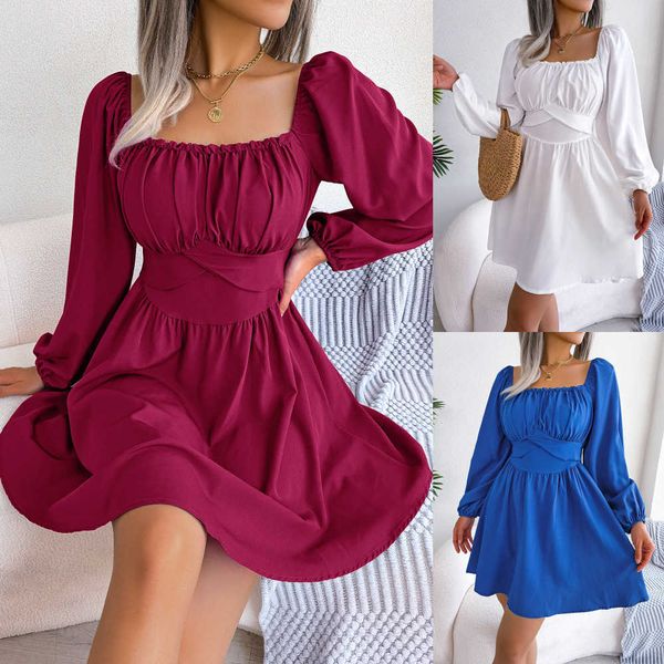 spring and summer casual solid wood ear edge square neck waist large hem dress for women, White
spring and summer casual solid wood ear edge square neck waist large hem dress for women, White
