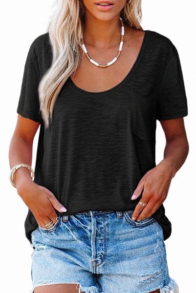 black solid pocket front scoop neck short sleeve t-shirt l6yf#, White
black solid pocket front scoop neck short sleeve t-shirt l6yf#, White