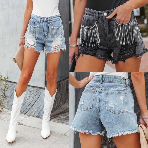 2023 women's summer new fashion casual chain tassel perforated denim shorts 6004, White;black
2023 women's summer new fashion casual chain tassel perforated denim shorts 6004, White;black