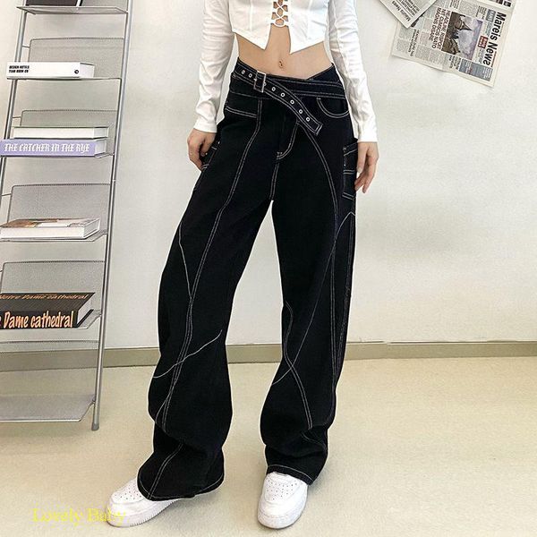 jeans women's black jeans vintage belt patchwork wide leg pants casual high waist baggy self cultivation denim trouser ladies summer, Blue
jeans women's black jeans vintage belt patchwork wide leg pants casual high waist baggy self cultivation denim trouser ladies summer, Blue