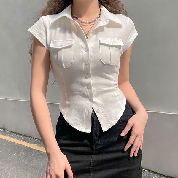 womens tshirt skinny uniform short sleeve shirt korean turndown collar pockets white slim fit singlebreasted ol woman clothes 230519
womens tshirt skinny uniform short sleeve shirt korean turndown collar pockets white slim fit singlebreasted ol woman clothes 230519