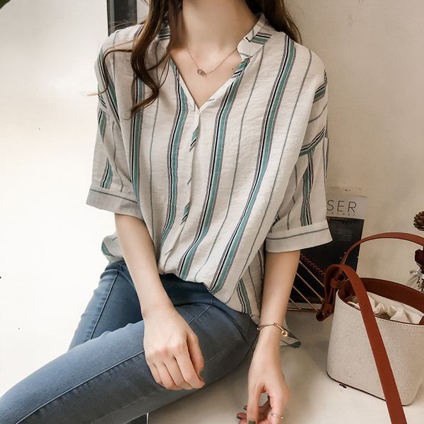 women's blouses shirts summer women shirt chic loose bat sleeve v-neck striped short sleeve blouse female leisure fashion korean clothe, White
women's blouses shirts summer women shirt chic loose bat sleeve v-neck striped short sleeve blouse female leisure fashion korean clothe, White