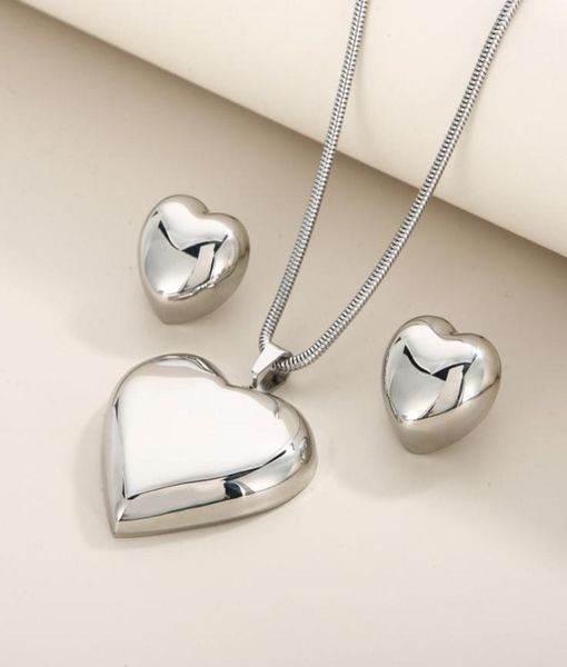 women heartshaped jewelry sets of earring and round circle pendant chains necklace set birthday gift5833256, Silver