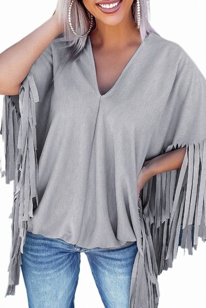 grey fringe v neck 2023 new 2023 new v4hd#, White 
grey fringe v neck 2023 new 2023 new v4hd#, White
