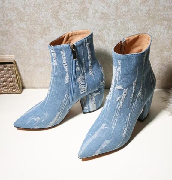 us411 womens pointed toe denim jeans ankle boots side zip chunky block high heel ripped shoes plus size c3908352211, Black
us411 womens pointed toe denim jeans ankle boots side zip chunky block high heel ripped shoes plus size c3908352211, Black