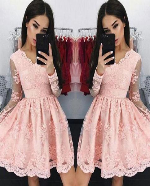 2018 new sweet pink v neck short cocktail dresses longsleeves aline lace applique mini homecoming dresses 155423, Black
2018 new sweet pink v neck short cocktail dresses longsleeves aline lace applique mini homecoming dresses 155423, Black