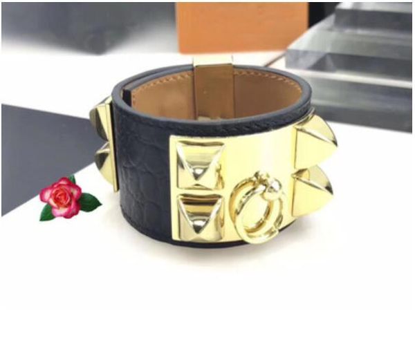 bangle new trend classic wide version big rivet bracelet crocodile pattern leather titanium steel gold buckle adjustable bracelet, Black
bangle new trend classic wide version big rivet bracelet crocodile pattern leather titanium steel gold buckle adjustable bracelet, Black