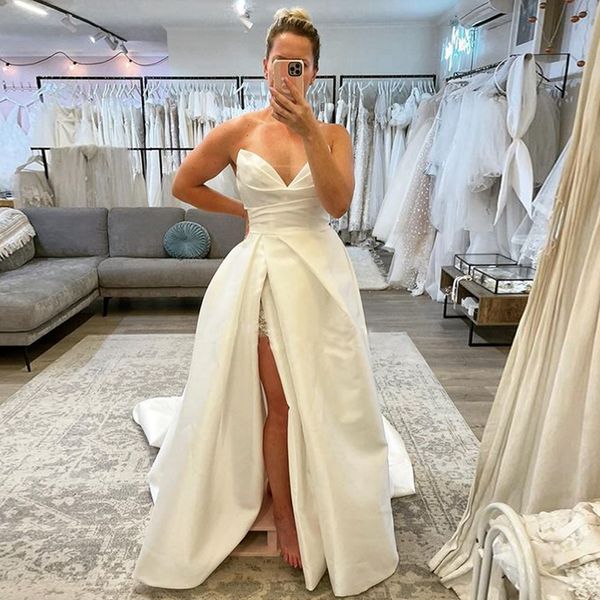 thigh high slits a line wedding dresses for bride v neck pleat outdoor bridal gowns vestido de novia sweep train, White
thigh high slits a line wedding dresses for bride v neck pleat outdoor bridal gowns vestido de novia sweep train, White