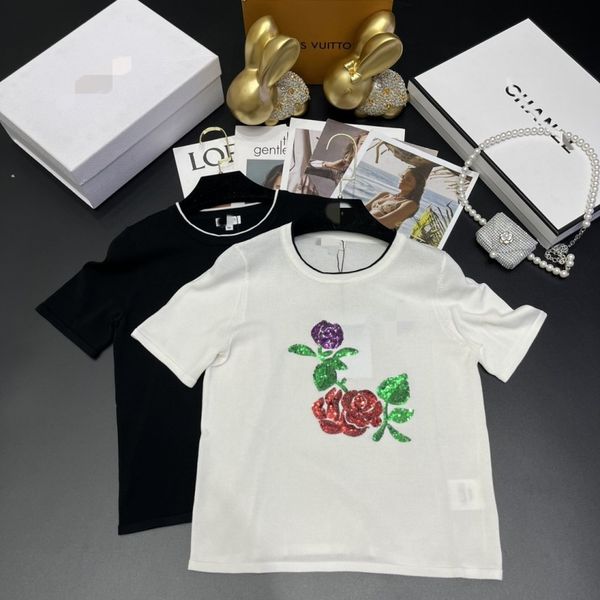 2023 new short sleeve bead piece flower crewneck knitted short sleeve, White