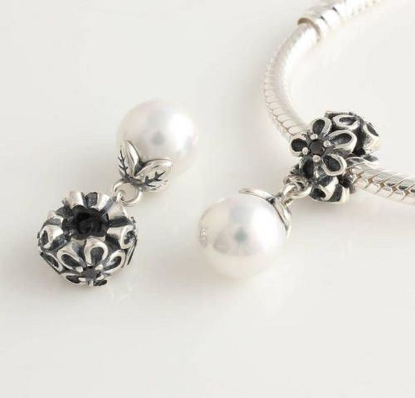 925 sterling silver forever bloom dangle bead with white pearl fits european pandora charm bracelets9762224, Black
925 sterling silver forever bloom dangle bead with white pearl fits european pandora charm bracelets9762224, Black