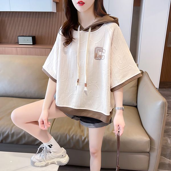 

Fashion white hooded T-shirt women's summer new slim slim slim cotton casual V-neck short sleeve sweatshirt trendy, Apricot color