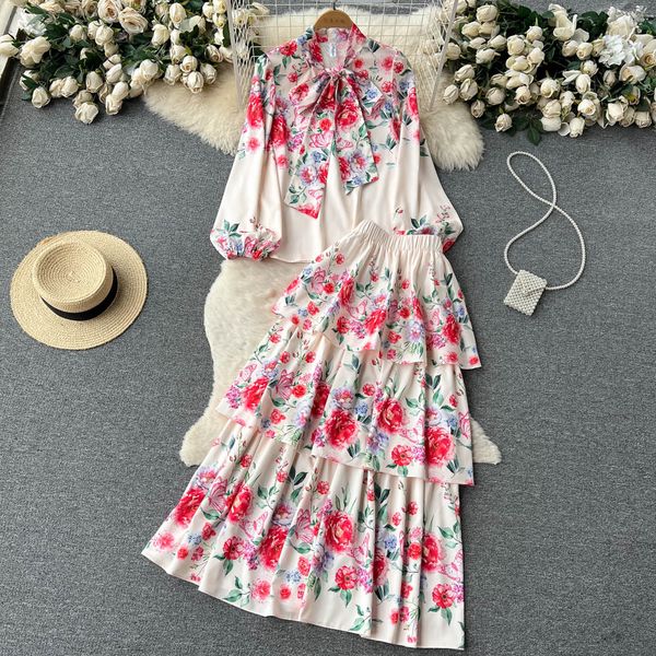 two piece dress spring runway vacation suit women bow neck flower print long sleeve blouses + high waist layer cascading maxi skirt 2 pieces, White
two piece dress spring runway vacation suit women bow neck flower print long sleeve blouses + high waist layer cascading maxi skirt 2 pieces, White