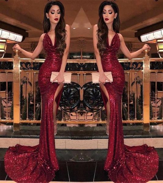 2019 burgundy v neck sequin mermaid prom dresses split high slits vestidos de fiesta sweep train formal long evening party prom go9797197, Black
2019 burgundy v neck sequin mermaid prom dresses split high slits vestidos de fiesta sweep train formal long evening party prom go9797197, Black