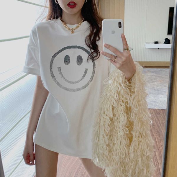 smiling face printed loose fitting short sleeved t-shirt for women spring/summer 2023 new casual bottom shirt for women's, White 
smiling face printed loose fitting short sleeved t-shirt for women spring/summer 2023 new casual bottom shirt for women's, White