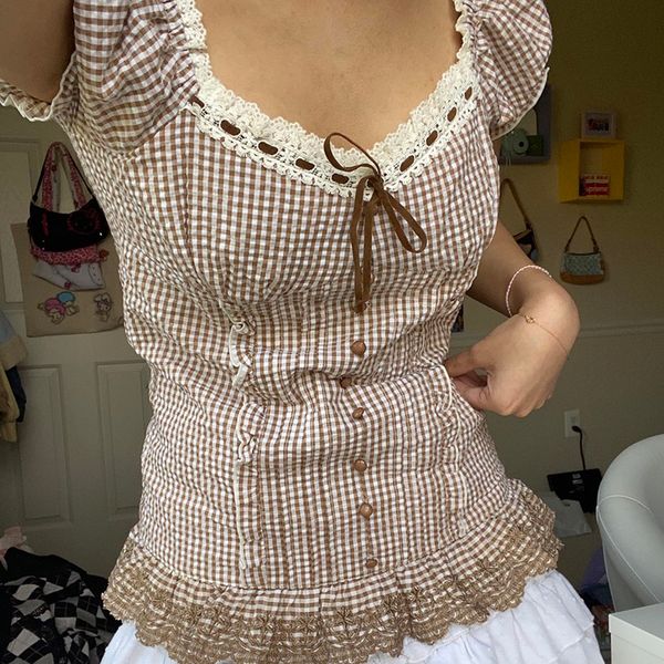 women's tshirt y2k kawaii sweet crop fairycore gunge retro plaid lace up ruffles hem tshirt 90s vintage puff sleeve milkmaid women 2305, White
women's tshirt y2k kawaii sweet crop fairycore gunge retro plaid lace up ruffles hem tshirt 90s vintage puff sleeve milkmaid women 2305, White