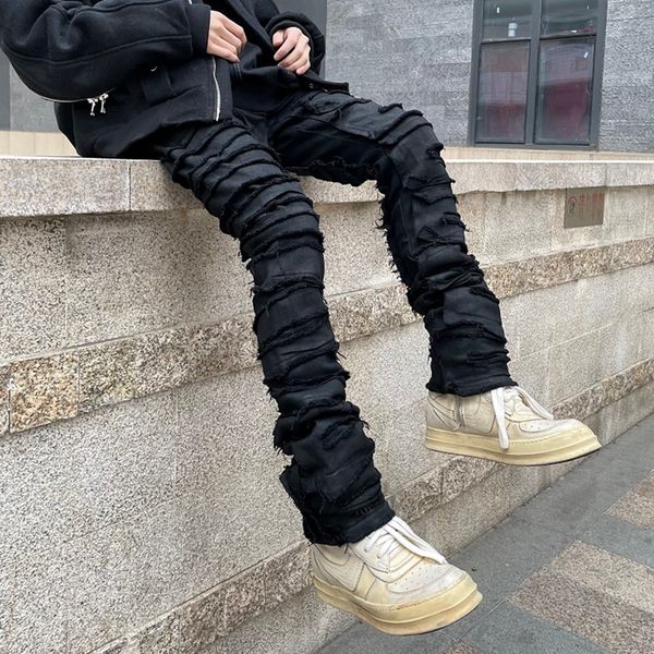 men's jeans heavy industry hole frayed destruction waxed jeans mens high street retro straight ripped pencil pants oversize denim trous, Blue
men's jeans heavy industry hole frayed destruction waxed jeans mens high street retro straight ripped pencil pants oversize denim trous, Blue