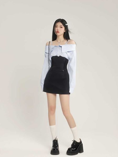 two piece dress goddess descent blue stripe off shoulder shirt waist skirt women's spring/summer light mature set, White
two piece dress goddess descent blue stripe off shoulder shirt waist skirt women's spring/summer light mature set, White