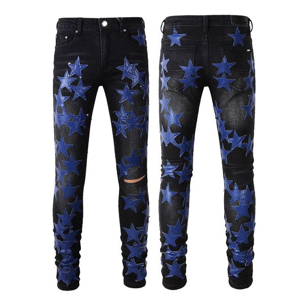 american high street men star patch straight black denim hole elastic jeans amiryes, Blue
american high street men star patch straight black denim hole elastic jeans amiryes, Blue