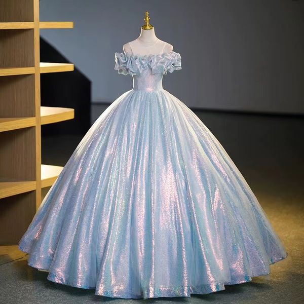 light sky blue sequined ball gown quinceanera dresses lace sequined off the shoulder prom gowns tiered sweep train tulle sweet 15 masquerade, Blue;red
light sky blue sequined ball gown quinceanera dresses lace sequined off the shoulder prom gowns tiered sweep train tulle sweet 15 masquerade, Blue;red