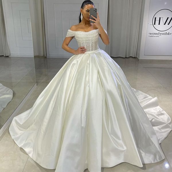 stunning bead off the shoulder ball gown wedding dresses sequin satin princess bridal gown pleat plus size arabic dubai wedding gowns for br, White
stunning bead off the shoulder ball gown wedding dresses sequin satin princess bridal gown pleat plus size arabic dubai wedding gowns for br, White