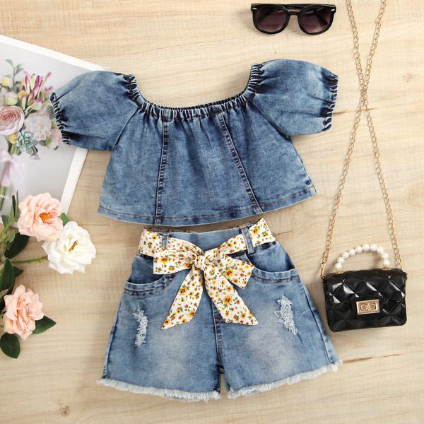european american style children's clothing girls summer short sleeved denim shorts split set infants and young children, Blue
european american style children's clothing girls summer short sleeved denim shorts split set infants and young children, Blue