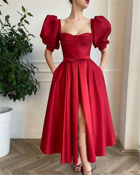 new a line burgundy satin evening party dresses short puff sleeves sweetheat buttons slit ankle length formal gown, Black;red
new a line burgundy satin evening party dresses short puff sleeves sweetheat buttons slit ankle length formal gown, Black;red