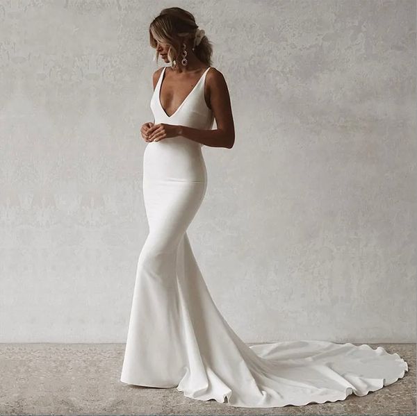 mermaid bride dresses boho v-neck open back elastic wedding gown simple long train buttons bridal dress, White
mermaid bride dresses boho v-neck open back elastic wedding gown simple long train buttons bridal dress, White