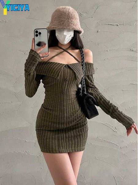 yiciya casual dresses off shoulder slim long sleeve halter neck dress knitting fashion women 2023 spring, Black;gray