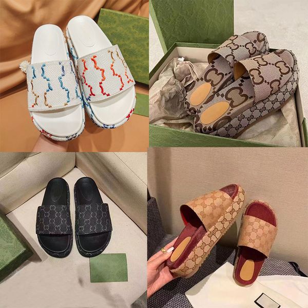 designer slippers for women brown black green thick bottom fashion slides embroidered beach sandals with original box