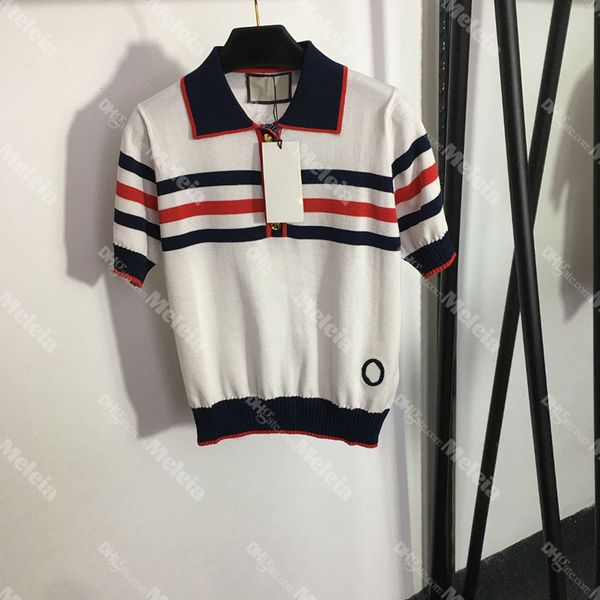 double letter knitted tees polo neck striped women knits summer short sleeve designer for lady jacquard female knits, White
double letter knitted tees polo neck striped women knits summer short sleeve designer for lady jacquard female knits, White