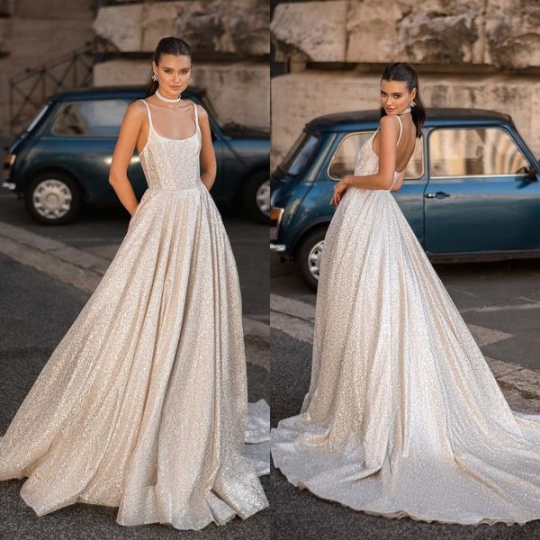 berta a line wedding dresses straps bone bodice glitter wedding gown sweep train designer bridal gowns, White
berta a line wedding dresses straps bone bodice glitter wedding gown sweep train designer bridal gowns, White