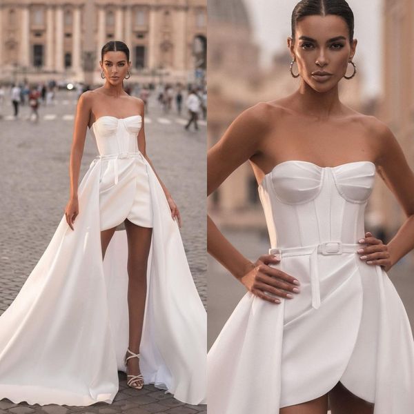 berta a line wedding dresses strapless bone bodice overskirts short wedding gown sweep train designer bridal gowns, White
berta a line wedding dresses strapless bone bodice overskirts short wedding gown sweep train designer bridal gowns, White