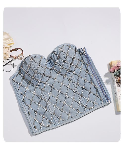 women's tanks camis irene tinnie women fashion crop diamond flower denim strapless vest bustier bra night club party tank female 230520, White 
women's tanks camis irene tinnie women fashion crop diamond flower denim strapless vest bustier bra night club party tank female 230520, White